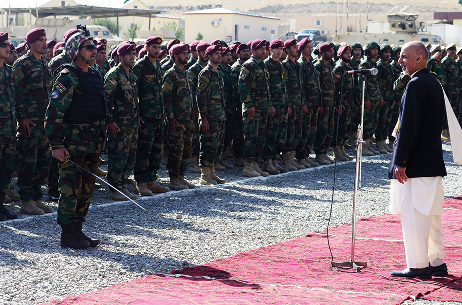 President Ashraf Ghani addresses members of Afghan National Army Special Operations Command during visit to Camp Commando, Afghanistan, October 6, 2014 (U.S. Army/Daniel Shapiro)