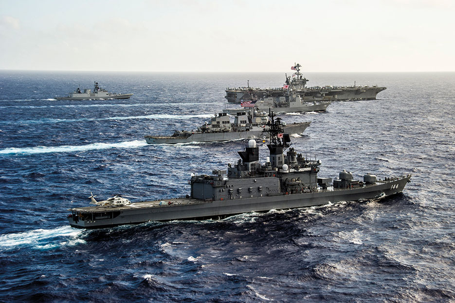 Ships from U.S. and Indian navies and Japan Maritime Self-Defense Force participate in trilateral naval field training exercise Malabar 2014 to improve collective maritime relationship and increase understanding in multinational operations, July 30, 2014 (U.S. Navy/Chris Cavagnaro)