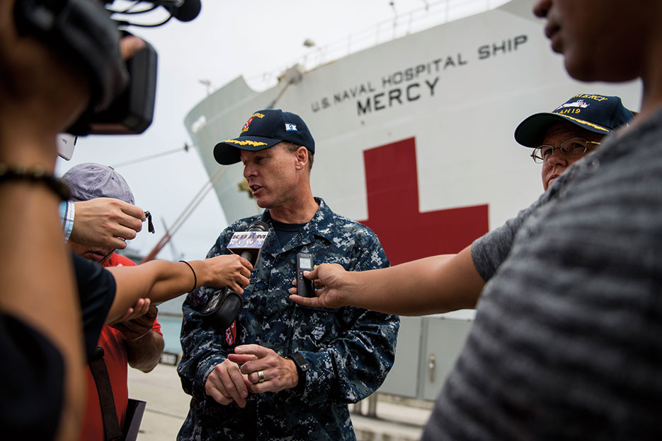 USNS Mercy in port at Naval Base Guam supporting Pacific Partnership 2015, largest annual multilateral humanitarian assistance and disaster relief preparedness mission conducted in Indo-Asia-Pacific region, September 4, 2015 (U.S. Air Force/Peter Reft)