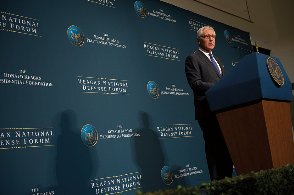 Then–Secretary of Defense Chuck Hagel announces Defense Innovation Initiative and Third Offset Strategy during Reagan National Defense Forum at The Ronald Reagan Presidential Library in Simi Valley, California, November 15, 2014 (DOD/Sean Hurt)