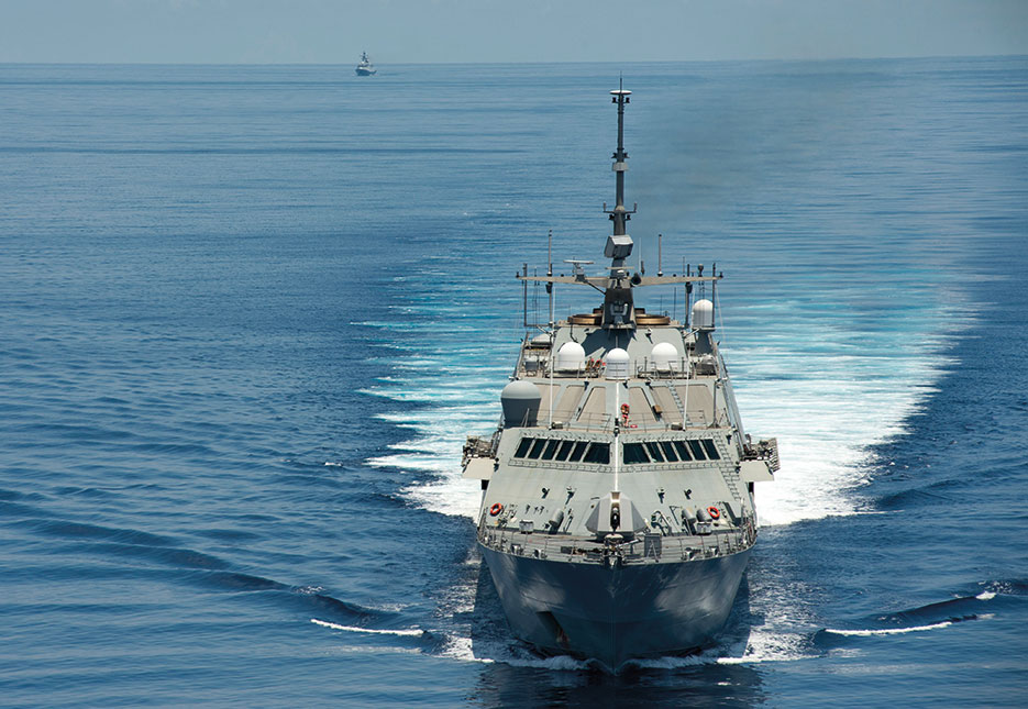 Littoral combat ship USS Fort Worth conducts routine patrols in international waters of South China Sea near Spratly Islands as People’s Liberation Army Navy guided-missile frigate Yancheng sails close behind, May 11, 2015 <br />(U.S. Navy/Conor Minto)