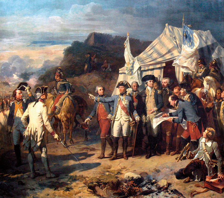 Painted by Auguste Couder in 1836, Bataille de Yorktown shows Rochambeau and Washington giving final orders before battle (Palais de Versailles, France)