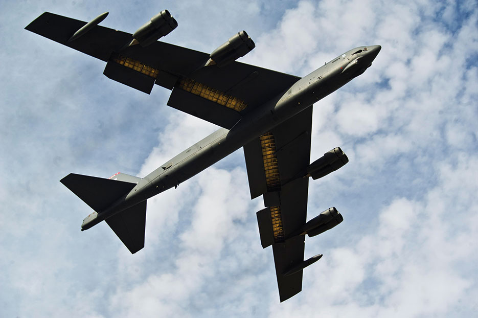 B-52H Stratofortress flies over Minot Air Force Base, North Dakota, during training exercise, November 3, 2013 (U.S. Air Force/Brittany Y. Auld)