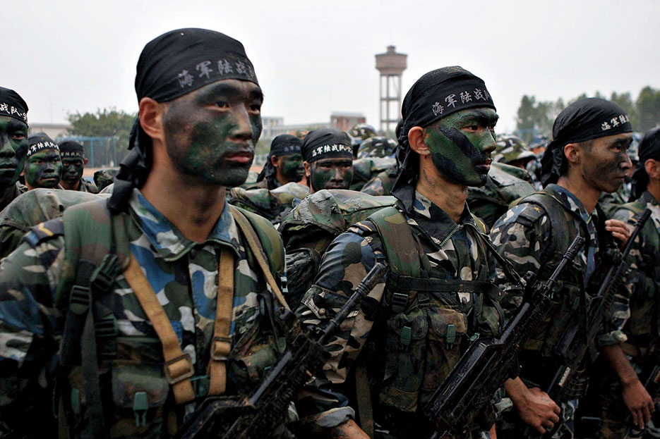 People’s Liberation Army Navy marines stand at attention following demonstration of brigade’s capabilities (U.S. Marine Corps/J.J. Harper)