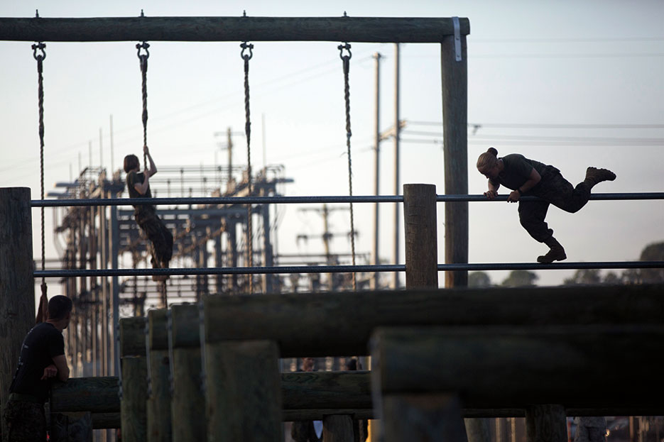 Marines from Infantry Training Battalion, School of Infantry–East, navigate through obstacle course at Camp Geiger, North Carolina, October 2013 (U.S. Marine Corps/Paul S. Mancuso)