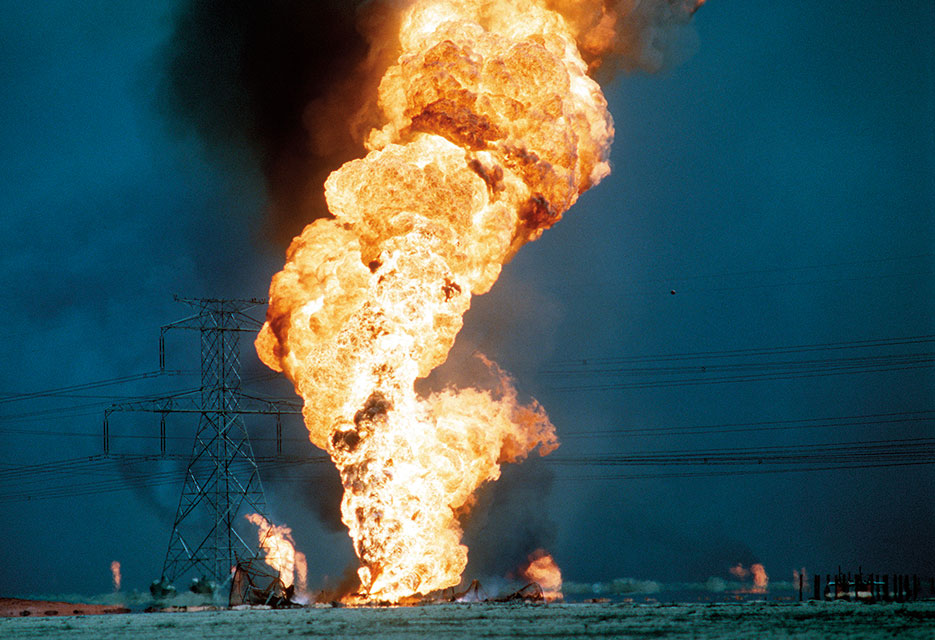 Oil wells burn out of control after set ablaze by retreating Iraqi forces during Operation Desert Storm (DOD)