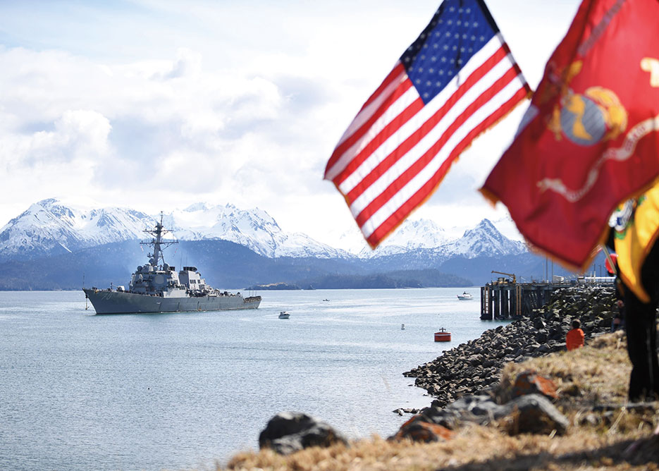USS Hopper prepares to moor in Homer, Alaska, in conjunction with its participation in biennial training exercise Northern Edge 2017, which includes units assigned to Alaskan Command, U.S. Pacific Fleet, U.S. Third Fleet, Marine Corps Forces Pacific, and U.S. Army Pacific, April 29, 2017 (U.S. Navy/Joseph Montemarano)