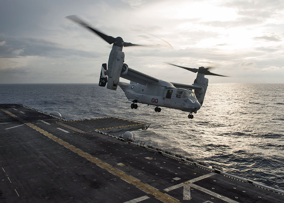 MV-22B Osprey assigned to Ridge Runners of Marine Medium Tiltrotor Squadron 163 operates in Indo-Asia-Pacific region to enhance amphibious capability with regional partners and serves as ready-response force for any type of contingency, South China Sea, April 4, 2017 (U.S. Navy/Devin M. Langer)