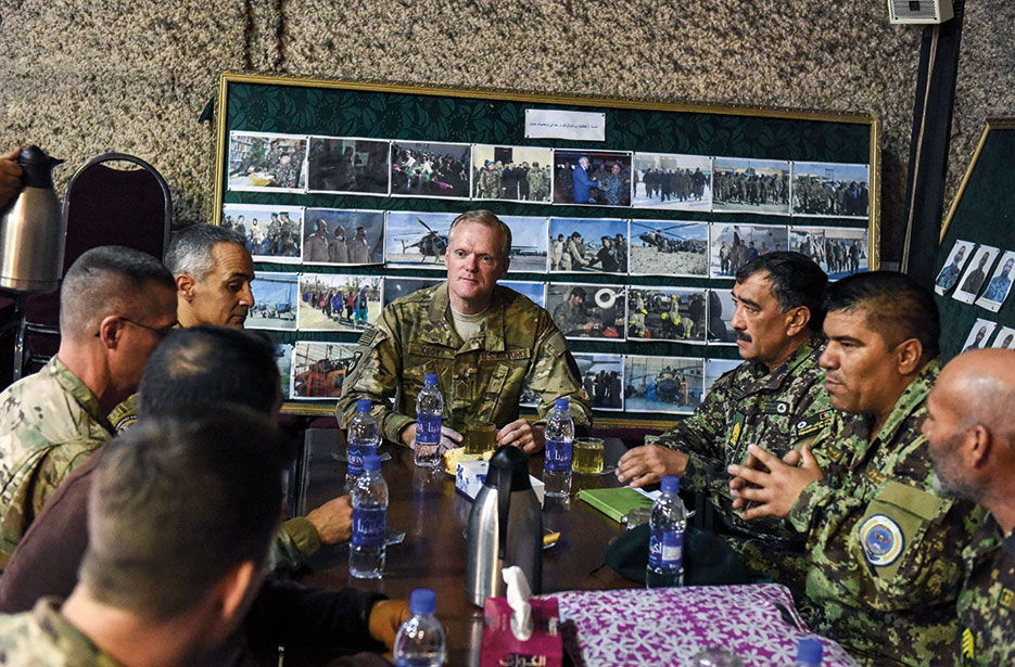 Chief Master Sergeant of the Air Force James A. Cody (center) attends Afghan air force senior enlisted seminar at Hamid Karzai International Airport, Afghanistan, April 6, 2016 (U.S. Air Force/Nicholas Rau)