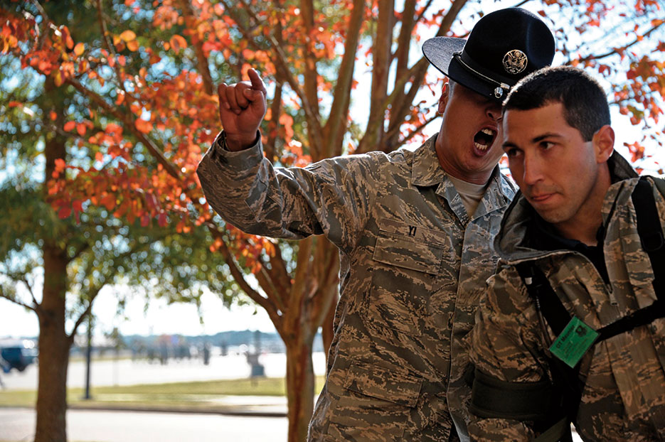 Airman welcomes new officer trainee to Officer Training School, November 2013, at Maxwell Air Force Base, Alabama (U.S. Air Force/William Blankenship)