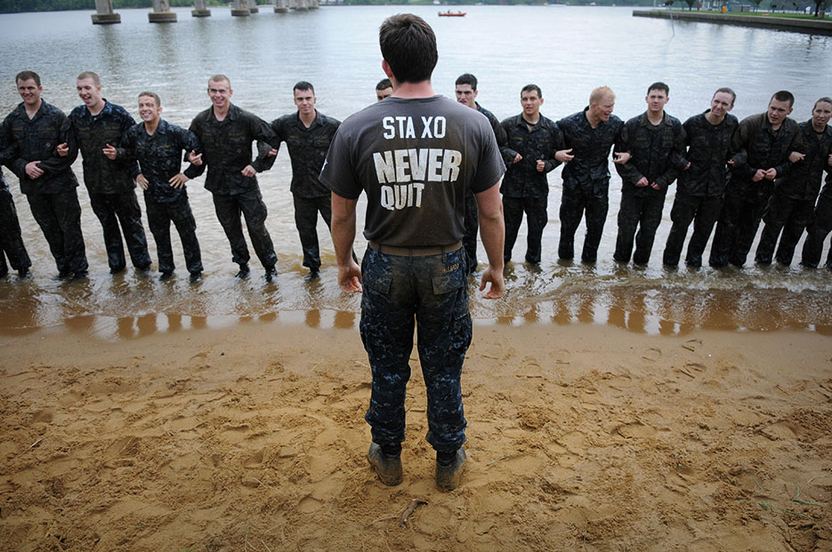 Upperclass midshipman gives briefing to first-year midshipmen participating in annual Sea Trials at U.S. Naval Academy, May 2012 (U.S. Navy/Chad Runge)