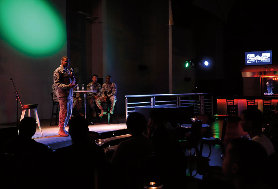 Airman shares his experience being in toxic work environment at Storytellers event on Ramstein Air Base, Germany, February 23, 2017 (U.S. Air Force/ Savannah L. Waters)