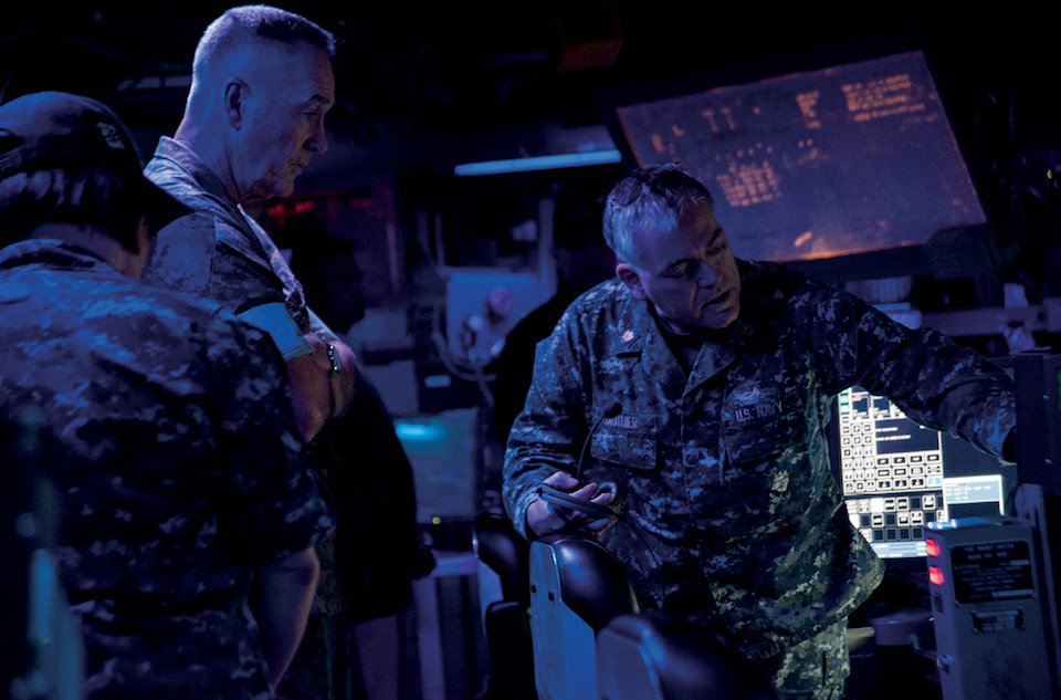Chairman discusses capabilities of USS Barry during tour of ship and Aegis Baseline 9.C2 weapon system, which includes air and ballistic missile defense, surface warfare, and undersea warfare capabilities, Yokosuka, Japan, September 7, 2016 (U.S. Navy/Leonard Adams)