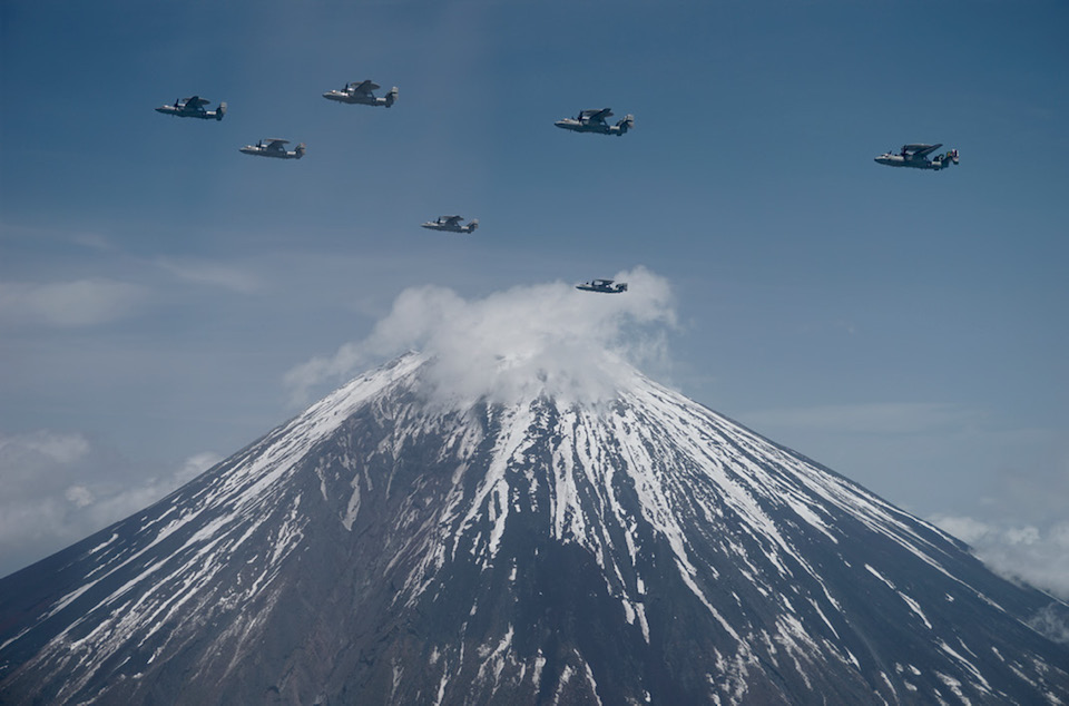 Above Mount Fuji, five E-2D Advanced Hawkeyes, stationed at Marine Corps Air Station Iwakuni, Japan, lead two E-2C Hawkeyes, stationed at Naval Air Facility Atsugi, Japan, as part of Asia-Pacific rebalance, May 11, 2017 (U.S. Navy/Artur Sedrakyan)