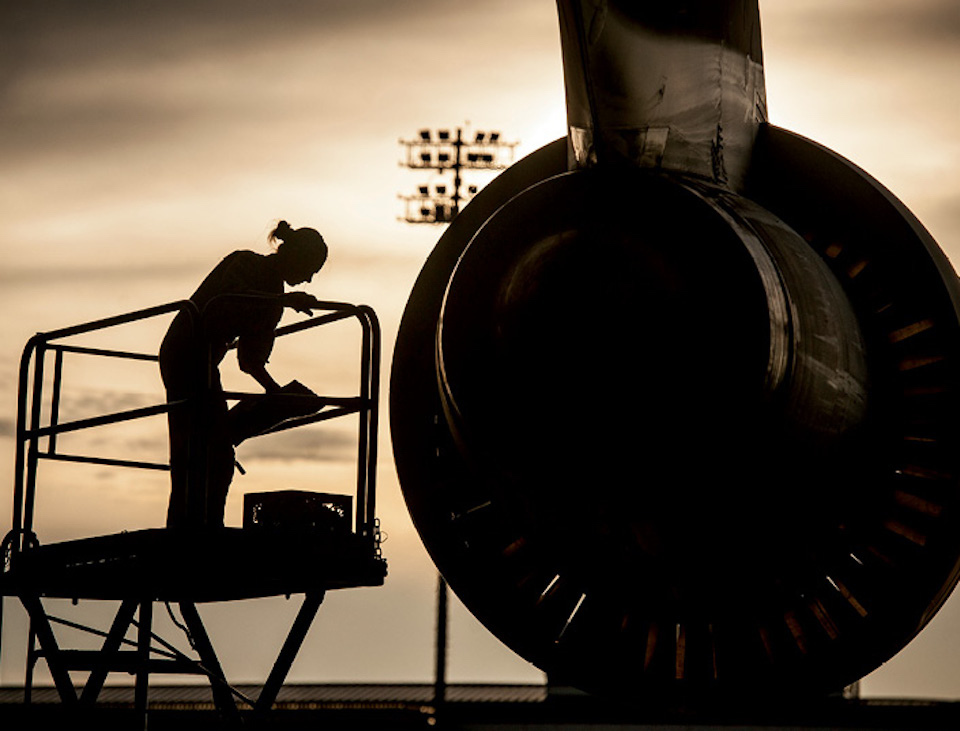 C-5 Galaxy aircraft crew chief assigned to 167th Maintenance Squadron, West Virginia Air National Guard, performs engine check after C-5 lands at Joint Base Charleston, South Carolina, July 22, 2013 (U.S. Air Force/Dennis Sloan)