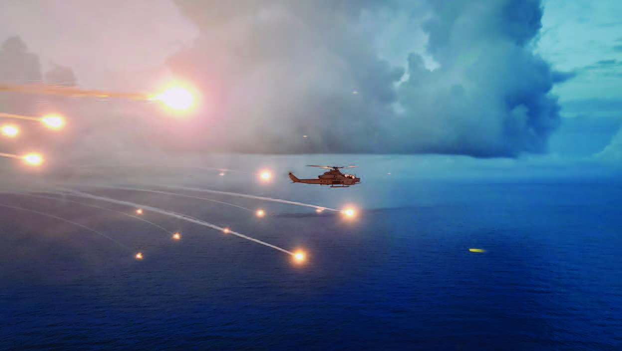Marine Corps AH-1Z Viper attached to Marine Medium Tiltrotor Squadron 165 (Reinforced), 15th Marine Expeditionary Unit, dispenses flares while conducting threat counter tactics training over Pacific Ocean, August 1, 2024 (U.S. Marine Corps/Michael Harper)
