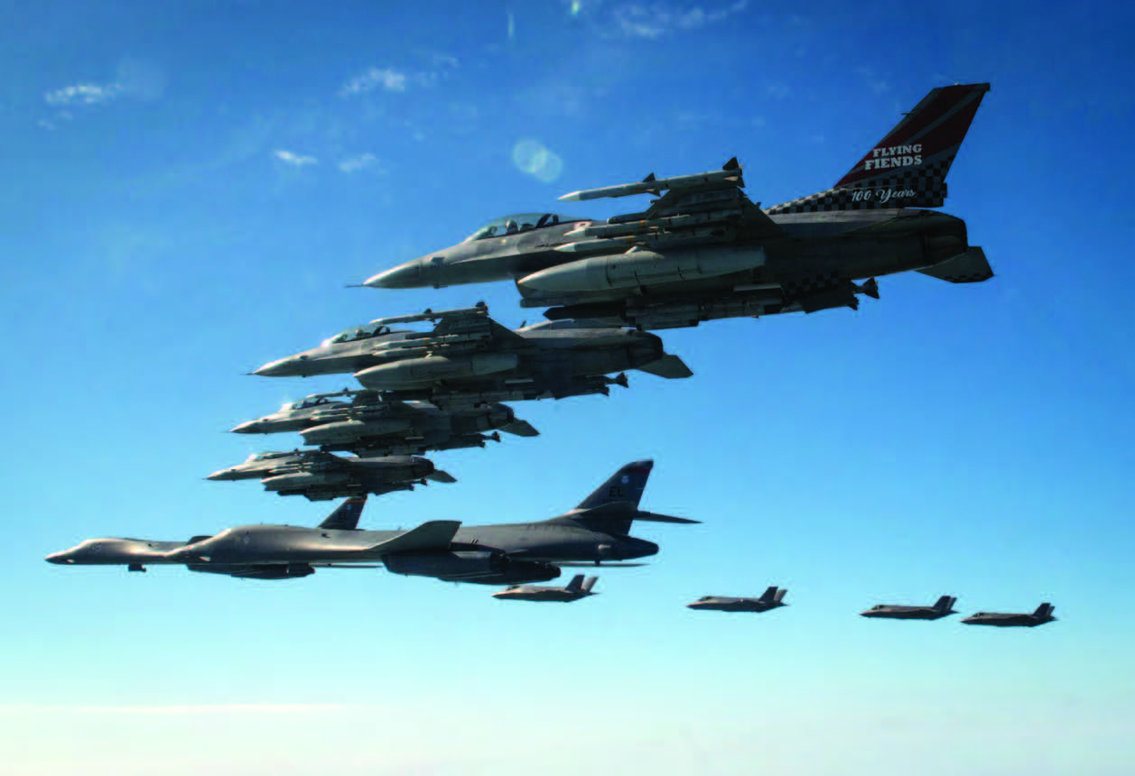 Air Force F-16s from 51st Fighter Wing joined with Republic of Korea F-35As to escort two U.S. B-1B strategic bombers entering Korean air defense identification zone and conducted combined flight in formation, November 19, 2022 (U.S. Air Force/Megan Estrada)