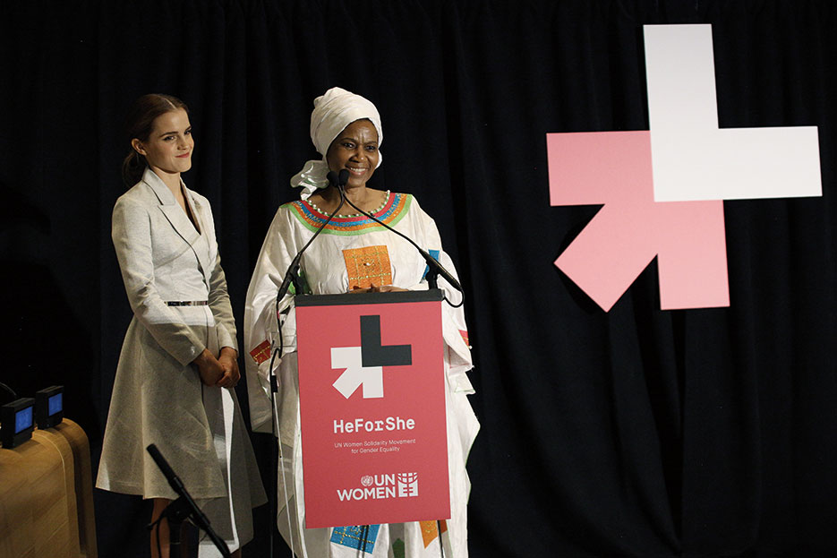 United Nations Women Executive Director Phumzile Mlambo-Ngcuka and UN Women Goodwill Ambassador Emma Watson called on men and boys worldwide to join movement for gender equality at HeForShe Campaign in New York City, September 2014 (UN Women/Simon Luethi)